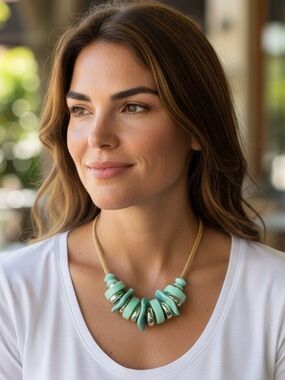 Chunky Beaded Gold-Tone Rope Statement Necklace with Green and Gold Beads